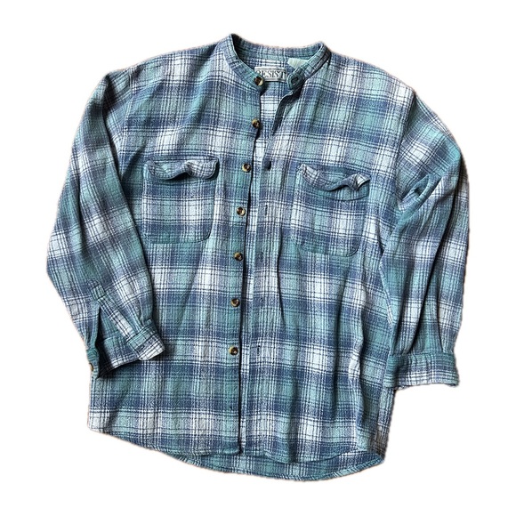 Vintage Blue Resist Mandarin Collar Flannel - Picture 1 of 7